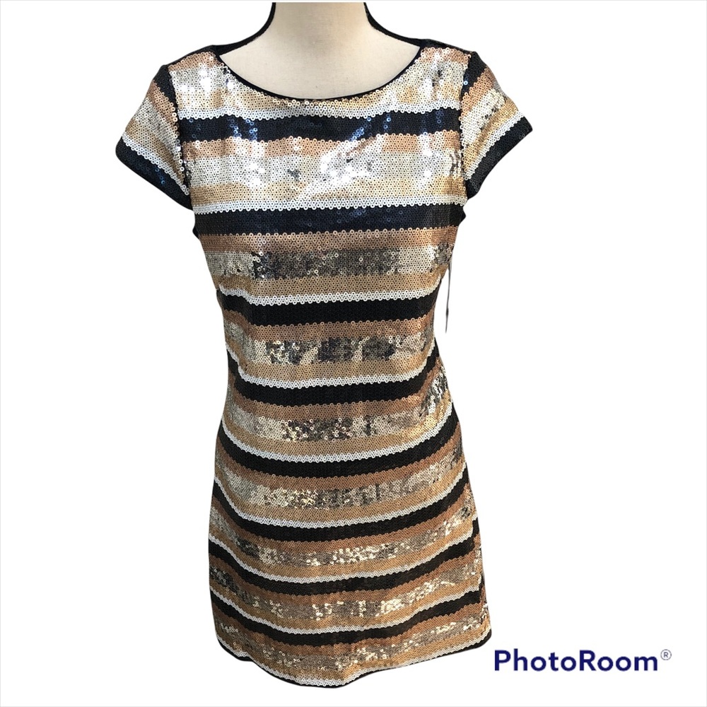 Vince Camuto black gold sequin holiday special event sheath dress NWT Size 6